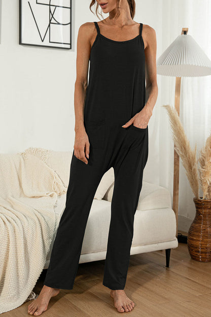 Mono holgado informal de moda con bolsillos sólidos y tirantes finos (4 colores)