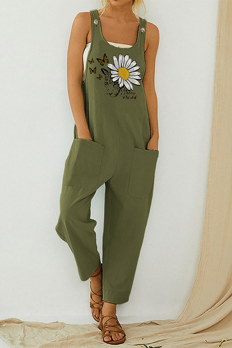 Mono recto informal con cuello en U, botones y bolsillos con estampado (3 colores)