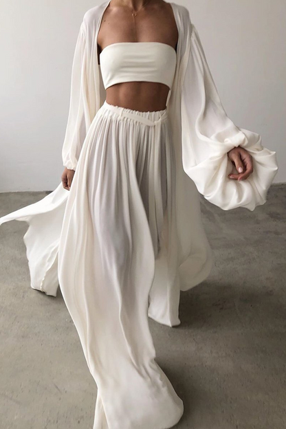 Conjunto informal liso con cinturón, sin tirantes, de tres piezas (4 colores)