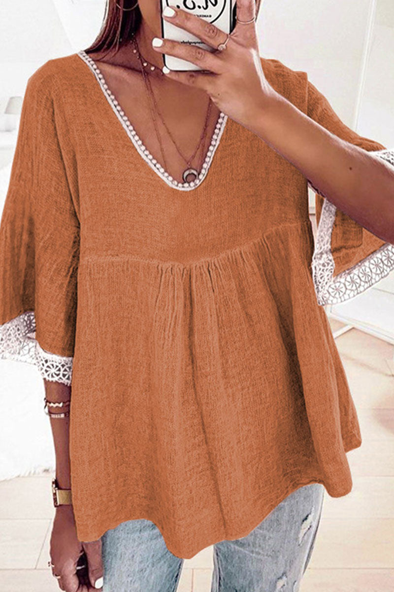 Tops casuales de moda con cuello en V y parches sólidos