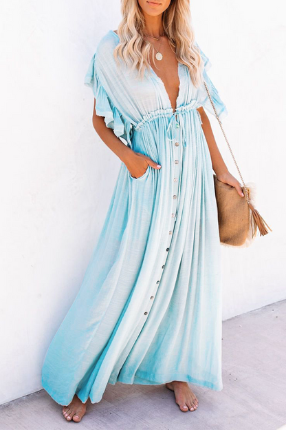 Elegante vestido de corte A con escote en V y hebilla de frenillo sólido (7 colores)