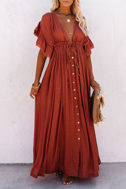 Elegante vestido de corte A con escote en V y hebilla de frenillo sólido (7 colores)