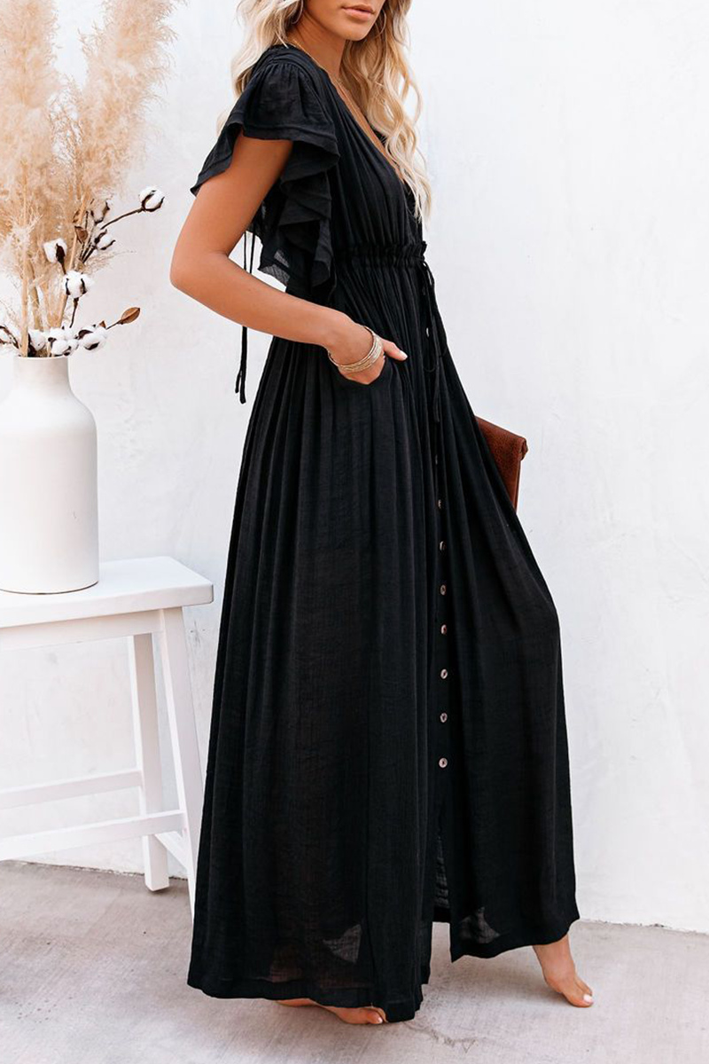 Elegante vestido de corte A con escote en V y hebilla de frenillo sólido (7 colores)