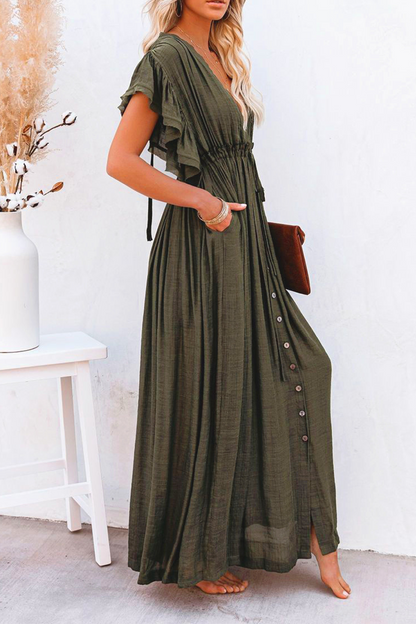 Elegante vestido de corte A con escote en V y hebilla de frenillo sólido (7 colores)
