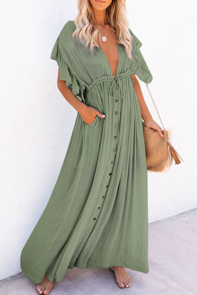 Elegante vestido de corte A con escote en V y hebilla de frenillo sólido (7 colores)