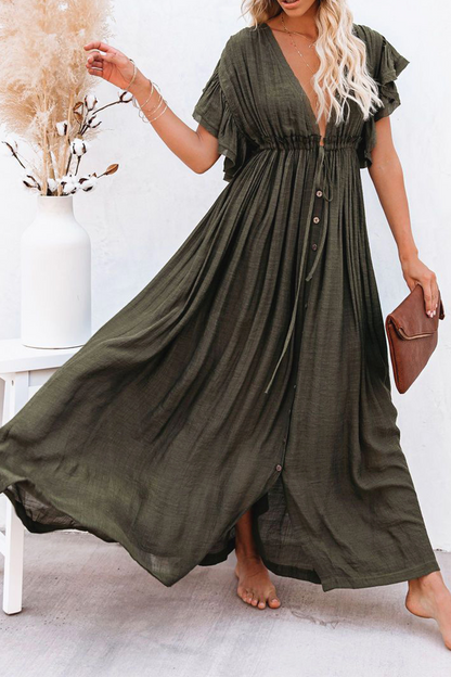 Elegante vestido de corte A con escote en V y hebilla de frenillo sólido (7 colores)