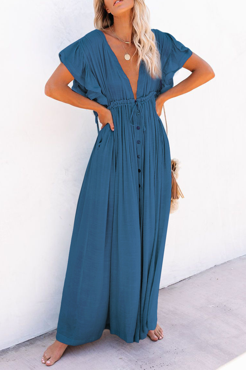 Elegante vestido de corte A con escote en V y hebilla de frenillo sólido (7 colores)