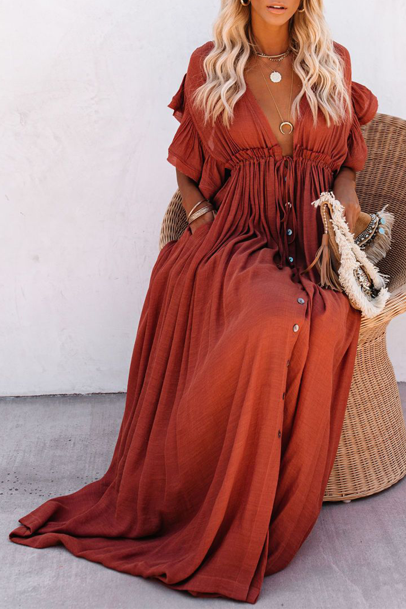 Elegante vestido de corte A con escote en V y hebilla de frenillo sólido (7 colores)