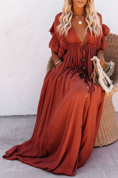 Elegante vestido de corte A con escote en V y hebilla de frenillo sólido (7 colores)