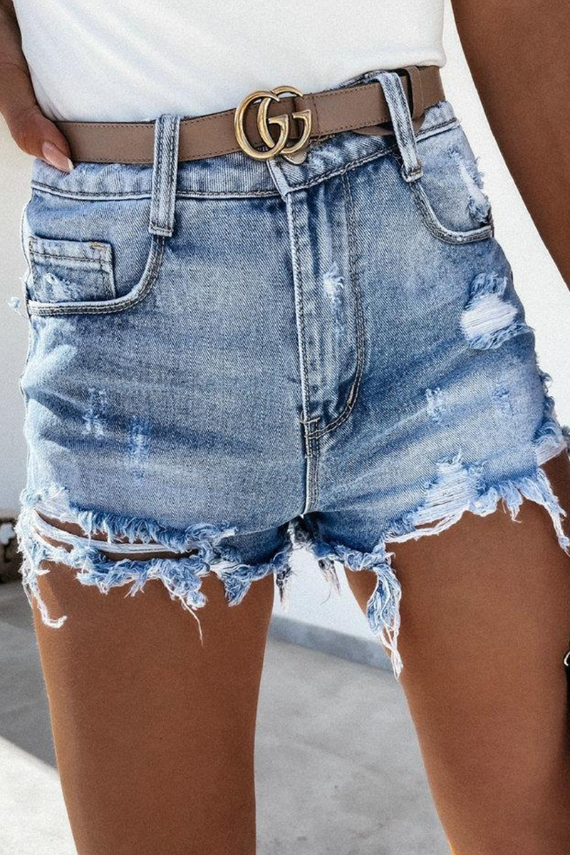 Shorts vaqueros rasgados de cintura media con borlas lisas de estilo urbano