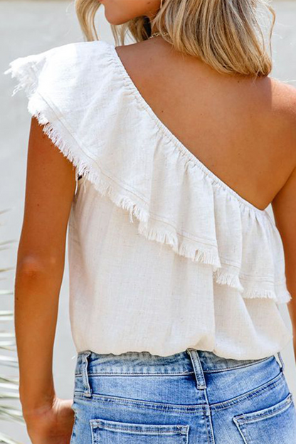 Camisetas casuales con cuello oblicuo, volantes y borlas lisas