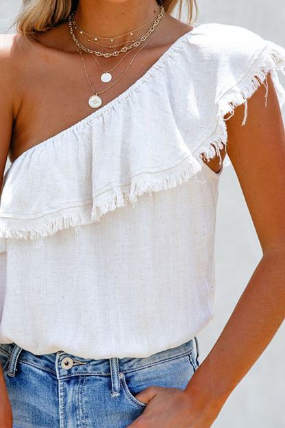 Camisetas casuales con cuello oblicuo, volantes y borlas lisas