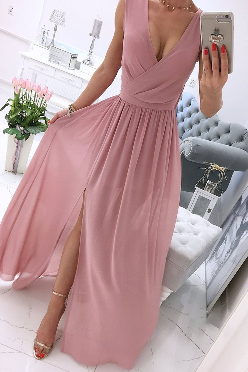 Fashion Street Solid V Neck A Line Dresses(5 Colors)