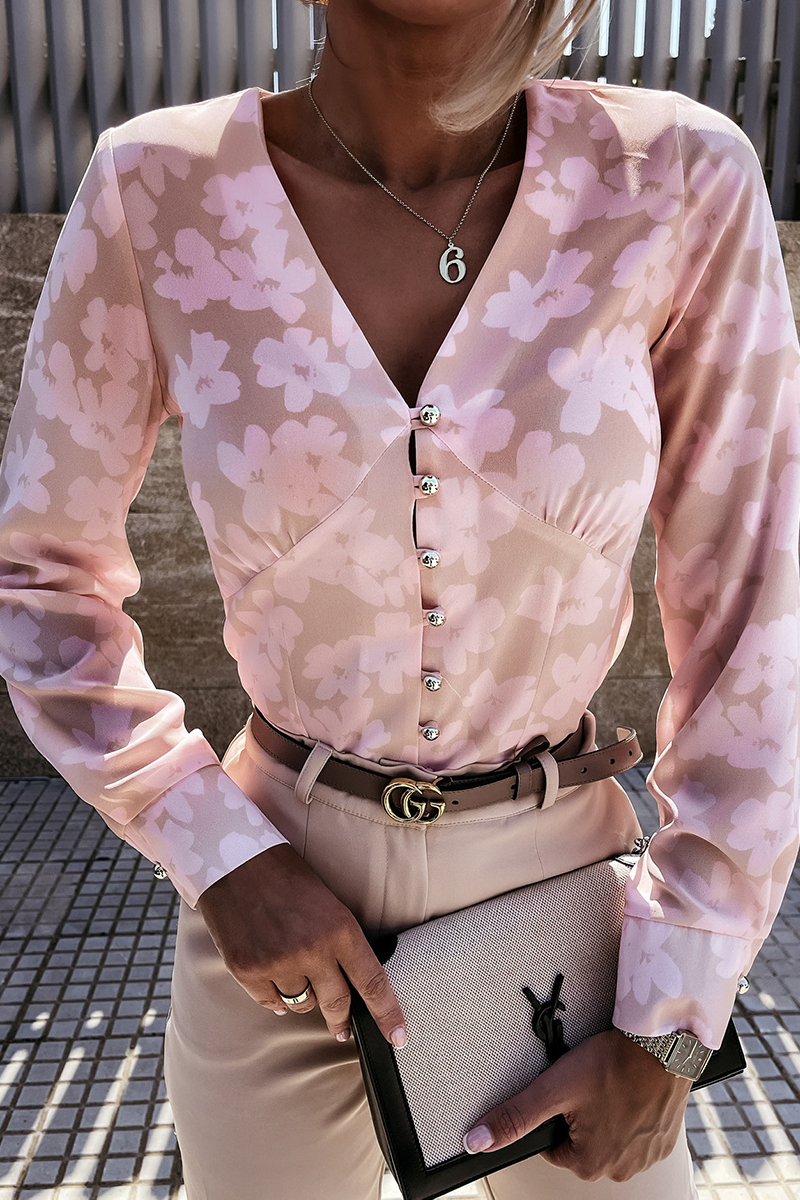 Elegant Print Patchwork Buckle V Neck Blouses (3 Colors)