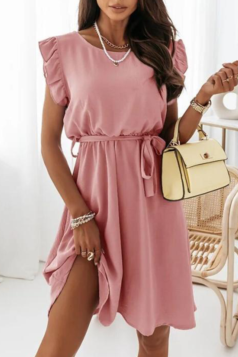 Elegant Solid Flounce With Belt O Neck A Line Dresses(4 Colors)£©