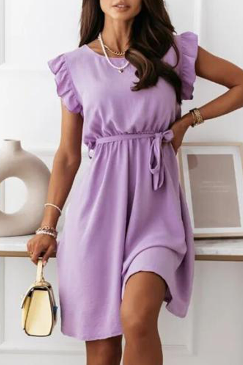 Elegant Solid Flounce With Belt O Neck A Line Dresses(4 Colors)£©