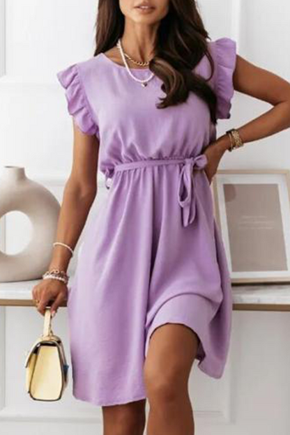 Elegant Solid Flounce With Belt O Neck A Line Dresses(4 Colors)£©