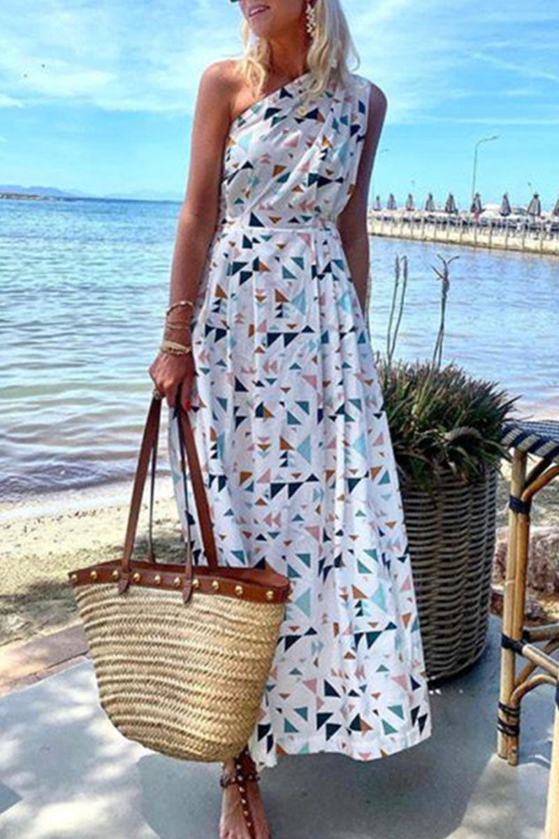 Vestidos de moda con estampado bohemio de patchwork, de un solo hombro y corte A (3 colores)