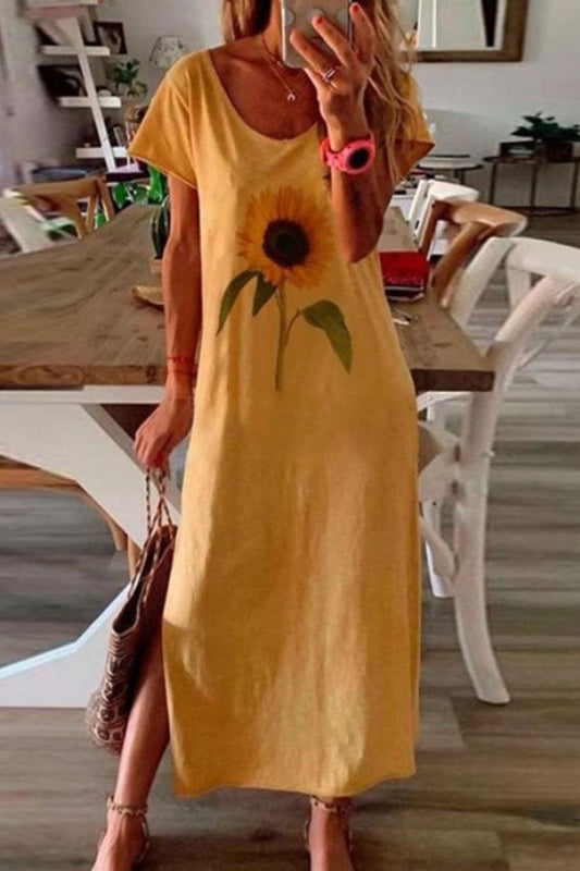 Vestidos de falda lápiz con cuello redondo y abertura con estampado casual de moda