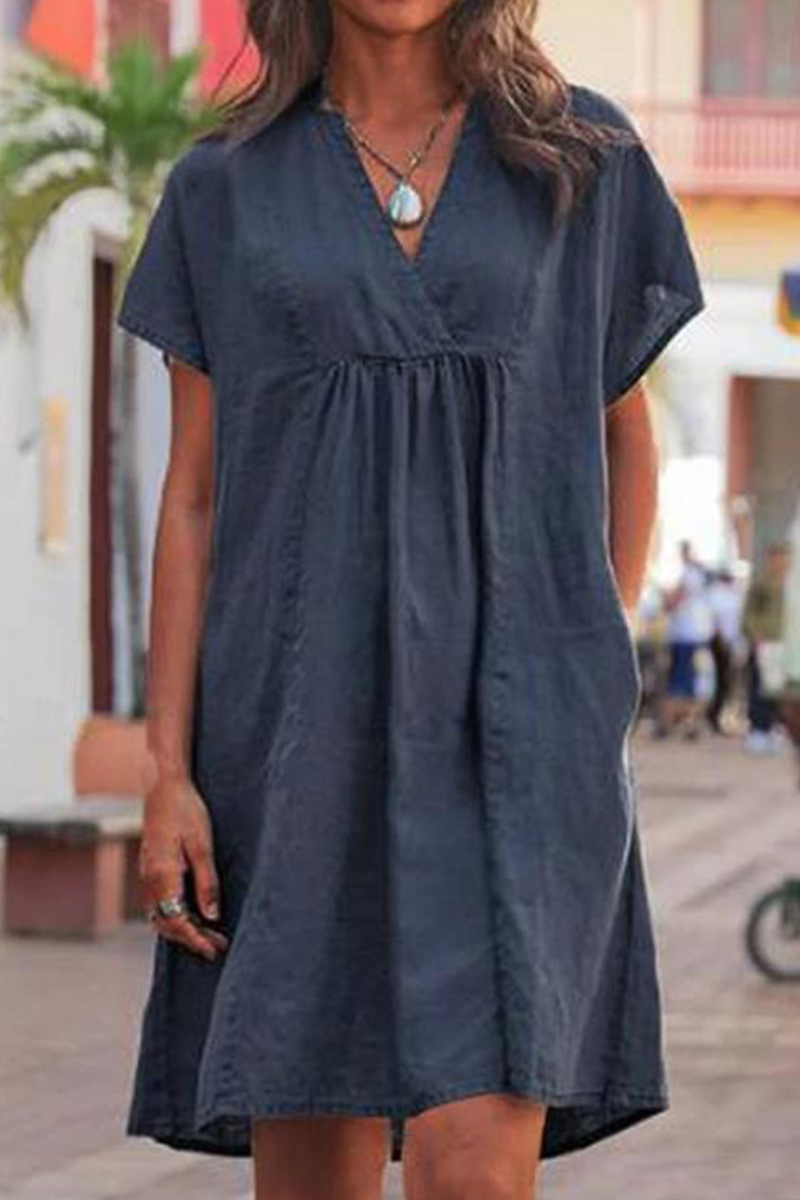 Vestido informal de manga corta con cuello en V y parches lisos (5 colores)