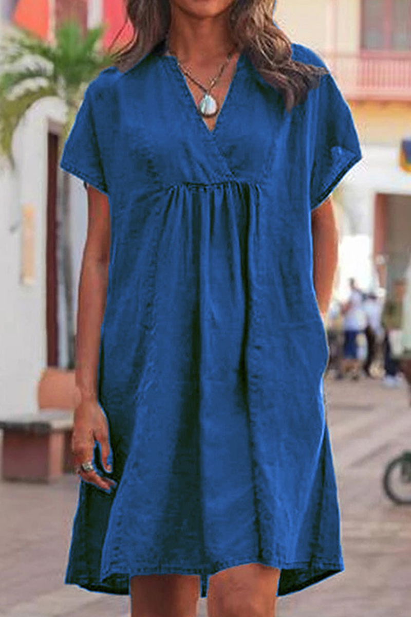 Vestido informal de manga corta con cuello en V y parches lisos (5 colores)