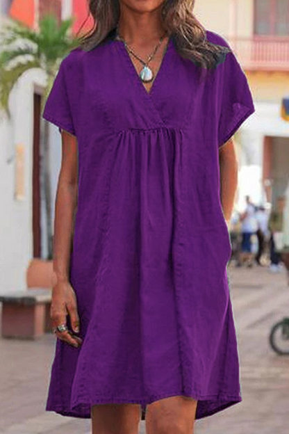 Vestido informal de manga corta con cuello en V y parches lisos (5 colores)
