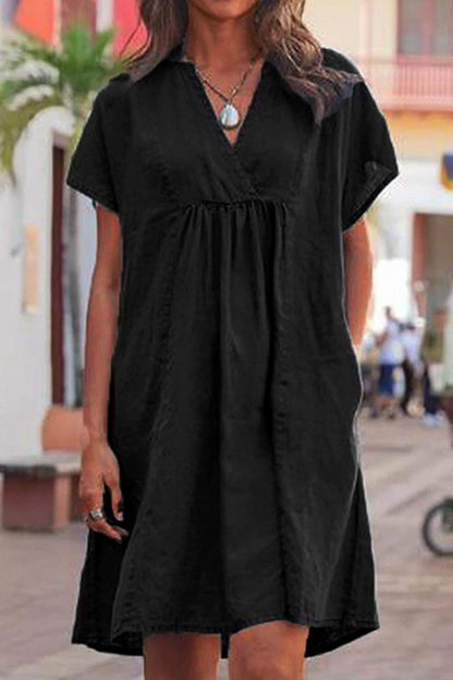 Vestido informal de manga corta con cuello en V y parches lisos (5 colores)