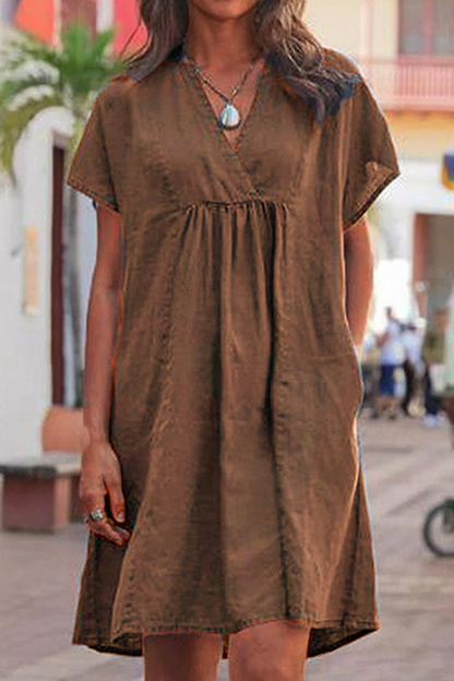 Vestido informal de manga corta con cuello en V y parches lisos (5 colores)