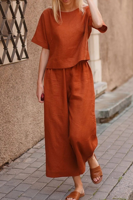 Conjunto informal liso básico de cuello redondo y manga corta de dos piezas (3 colores)