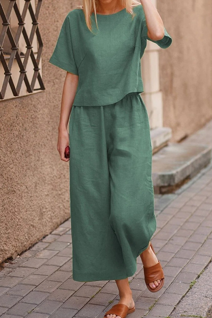 Conjunto informal liso básico de cuello redondo y manga corta de dos piezas (3 colores)