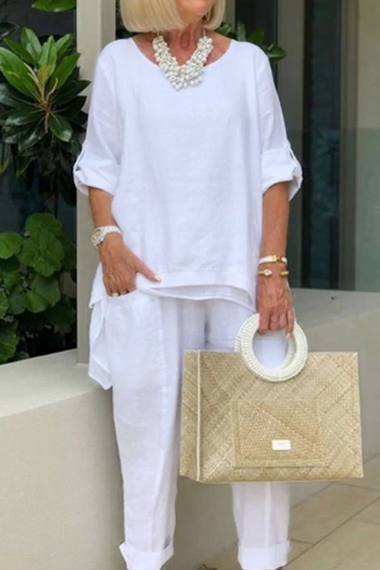 Conjunto informal de dos piezas con cuello redondo, manga larga y parches sólidos para calle