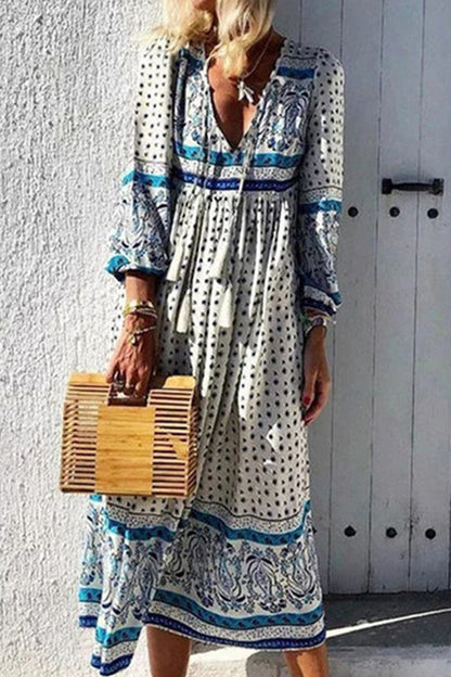 Vestidos casuales de moda con estampado de patchwork y cuello en V en forma de A