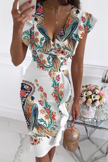 Fashion Street Print V Neck Pencil Skirt Dresses(10 Colors)