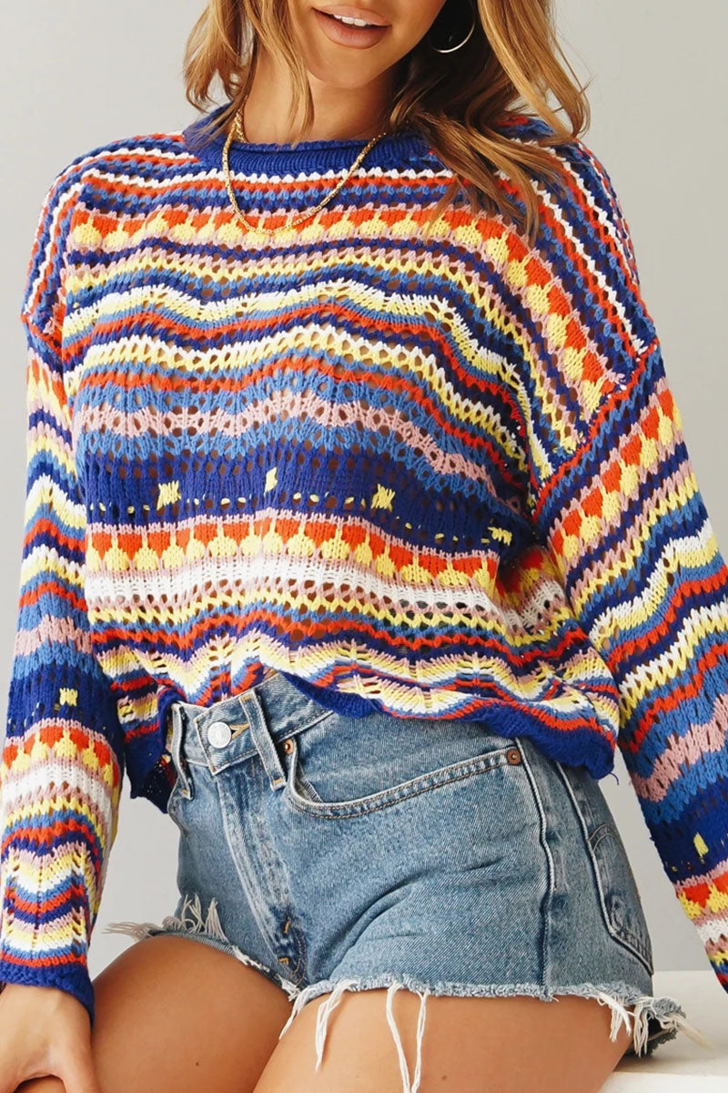 Suéteres de cuello redondo con diseño de patchwork a rayas de moda urbana (3 colores)