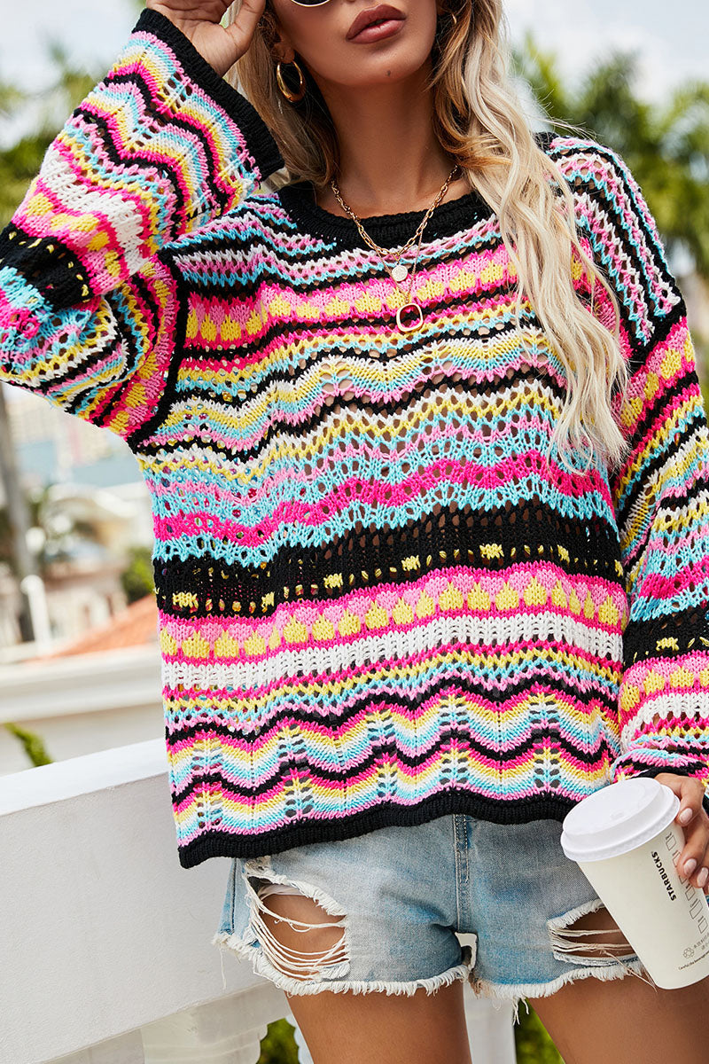 Suéteres de cuello redondo con diseño de patchwork a rayas de moda urbana (3 colores)