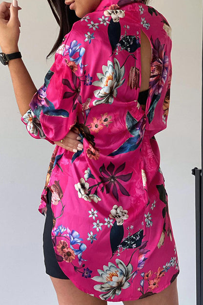 Fashion Casual Print Split Joint Turndown Collar Tops