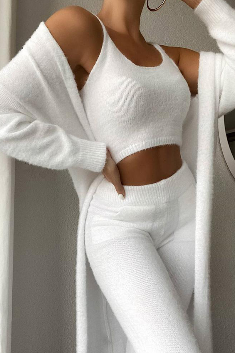 Conjunto informal de tres piezas con cuello redondo, manga larga y parches sólidos (5 colores)