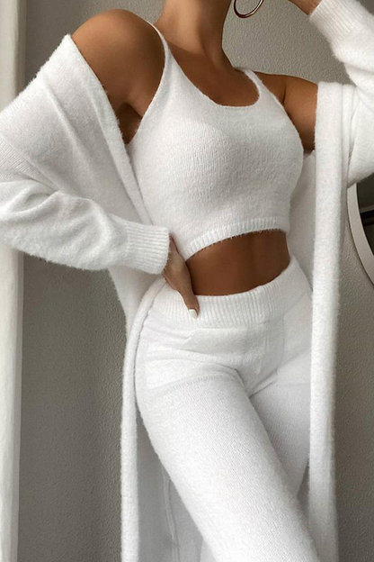 Conjunto informal de tres piezas con cuello redondo, manga larga y parches sólidos (5 colores)