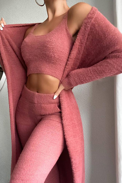 Conjunto informal de tres piezas con cuello redondo, manga larga y parches sólidos (5 colores)