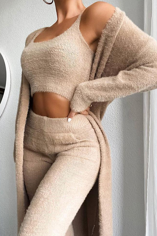 Conjunto informal de tres piezas con cuello redondo, manga larga y parches sólidos (5 colores)