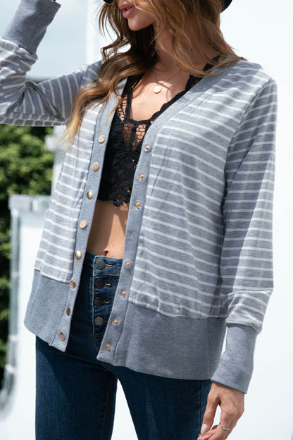 Camisetas casuales de moda con rayas y cuello en V dividido