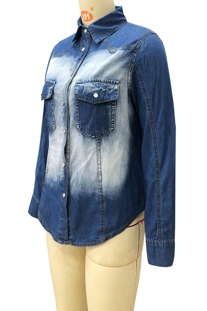 Casual Patchwork Pocket Buckle Turndown Collar Blouses