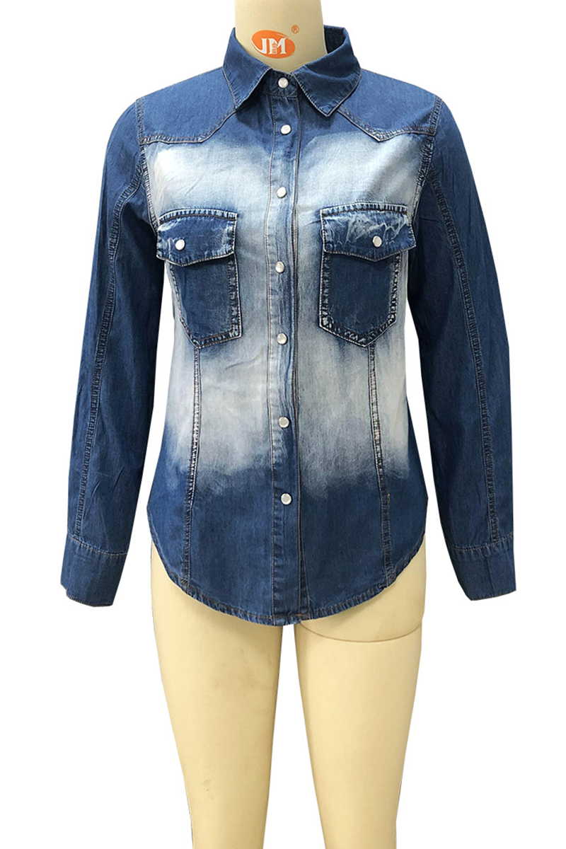 Casual Patchwork Pocket Buckle Turndown Collar Blouses