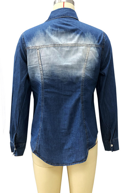 Casual Patchwork Pocket Buckle Turndown Collar Blouses