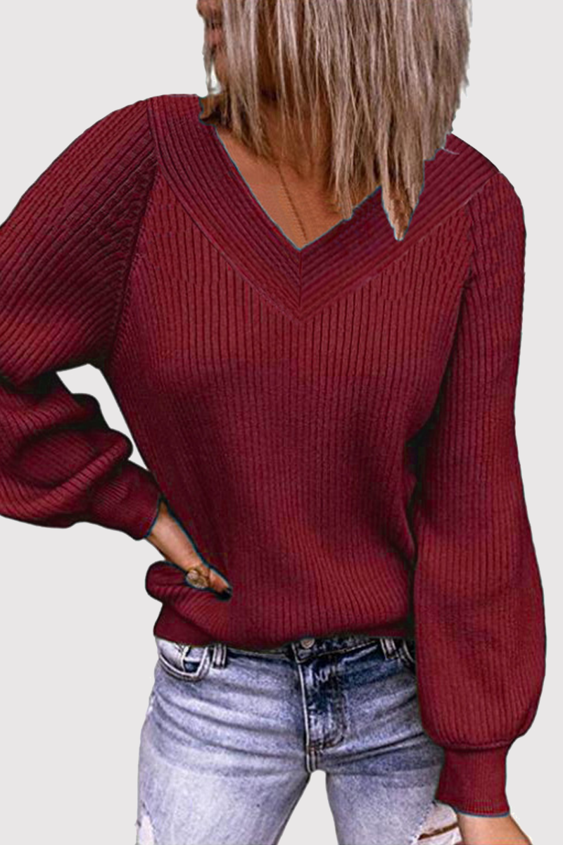 Suéter informal liso con cuello en V y abertura en la parte superior