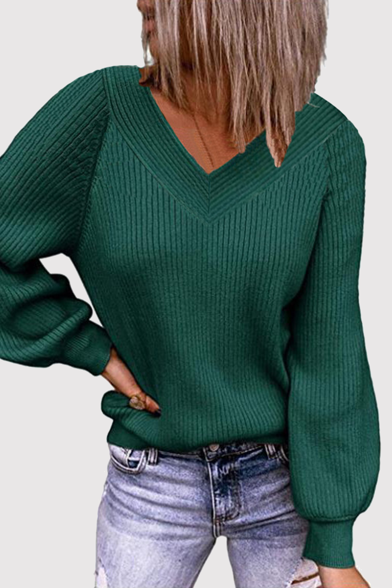 Suéter informal liso con cuello en V y abertura en la parte superior