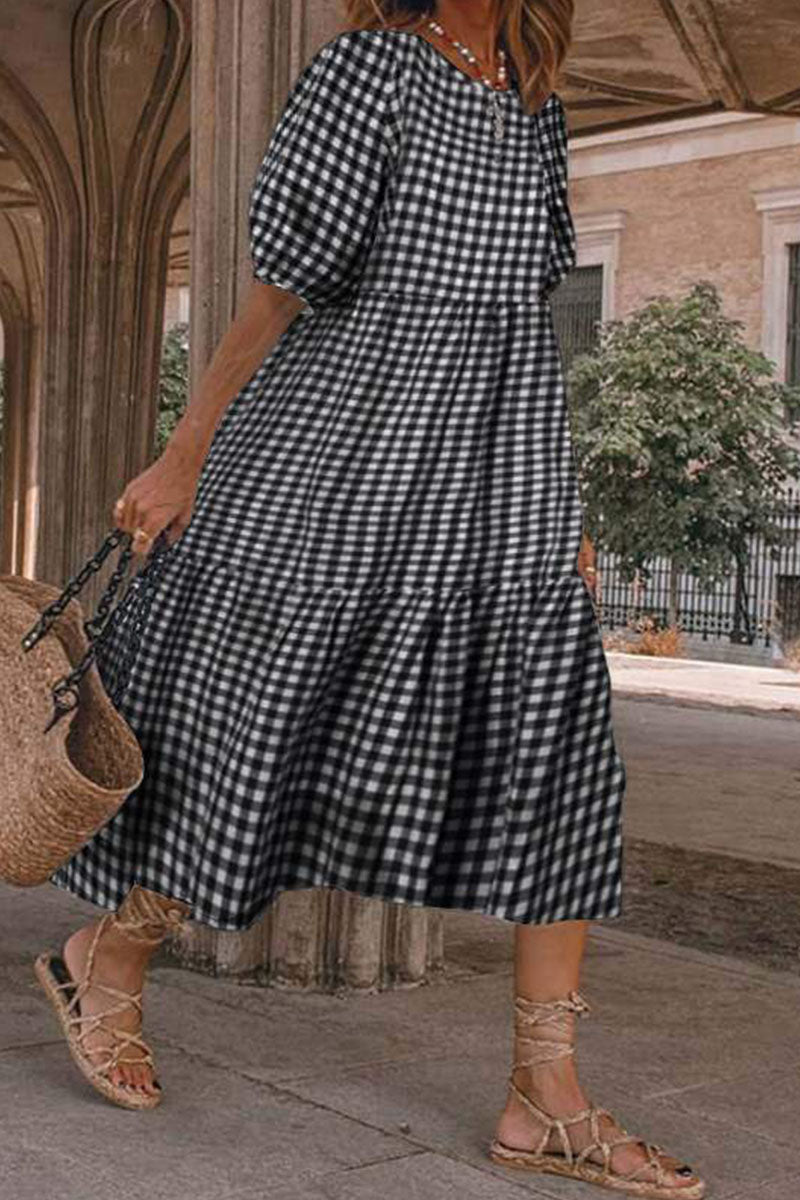 Fashion Casual Plaid Patchwork O Neck Princess Dresses(4 Colors)