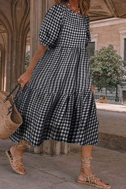 Fashion Casual Plaid Patchwork O Neck Princess Dresses(4 Colors)