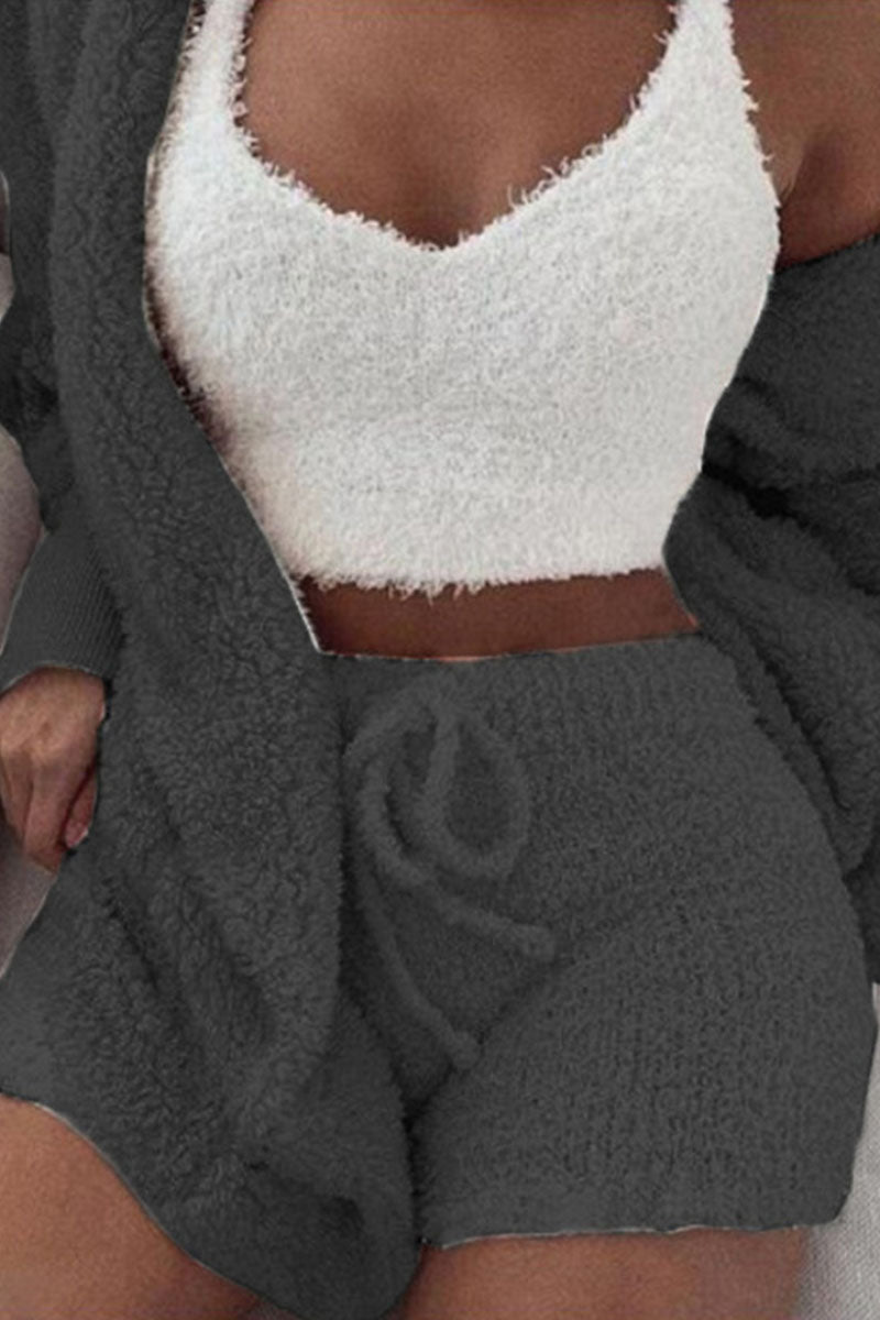 Conjunto de tres piezas informal de moda con cuello en V y manga larga (12 colores)