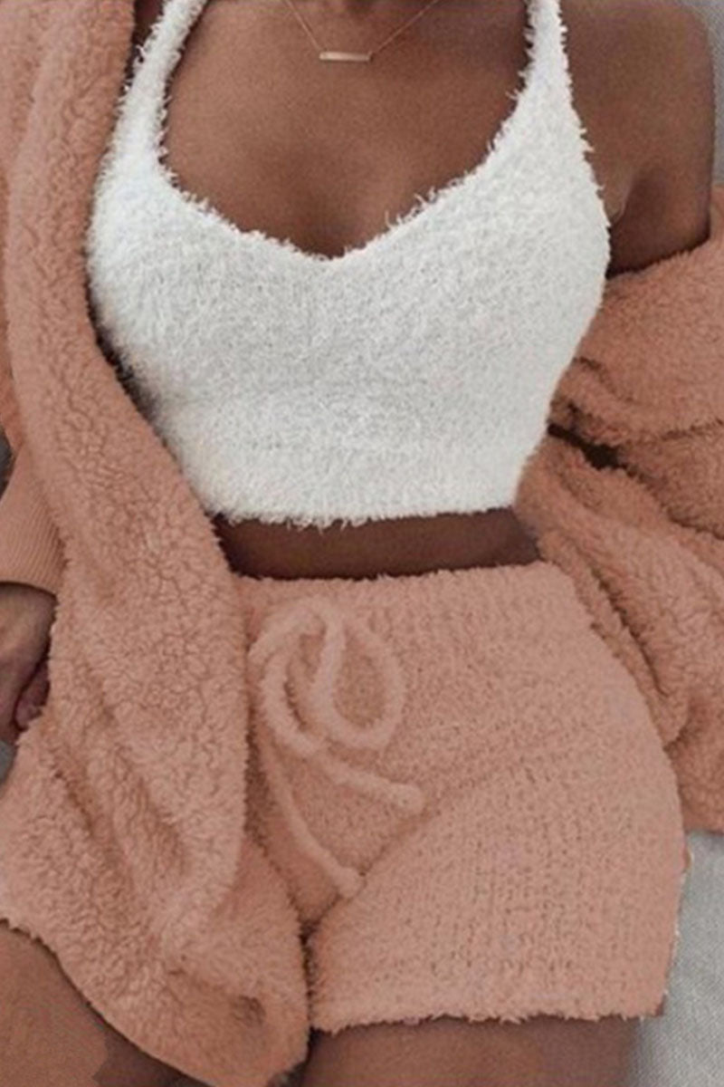 Conjunto de tres piezas informal de moda con cuello en V y manga larga (12 colores)